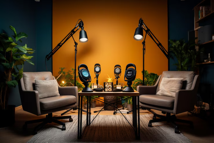 a podcast room with full setup for podcasting in nextmedia central london studio