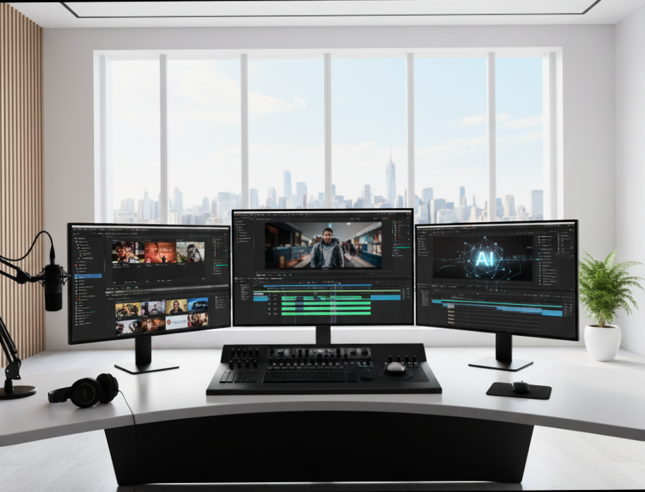 Three monitors on a desk displaying AI video production solutions, with a city skyline visible through the window.