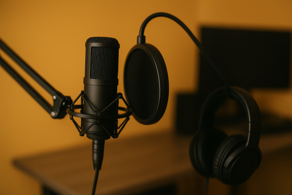 odcast studio hire setup with microphone and headphones placed on a desk, representing a professional audio recording environment.