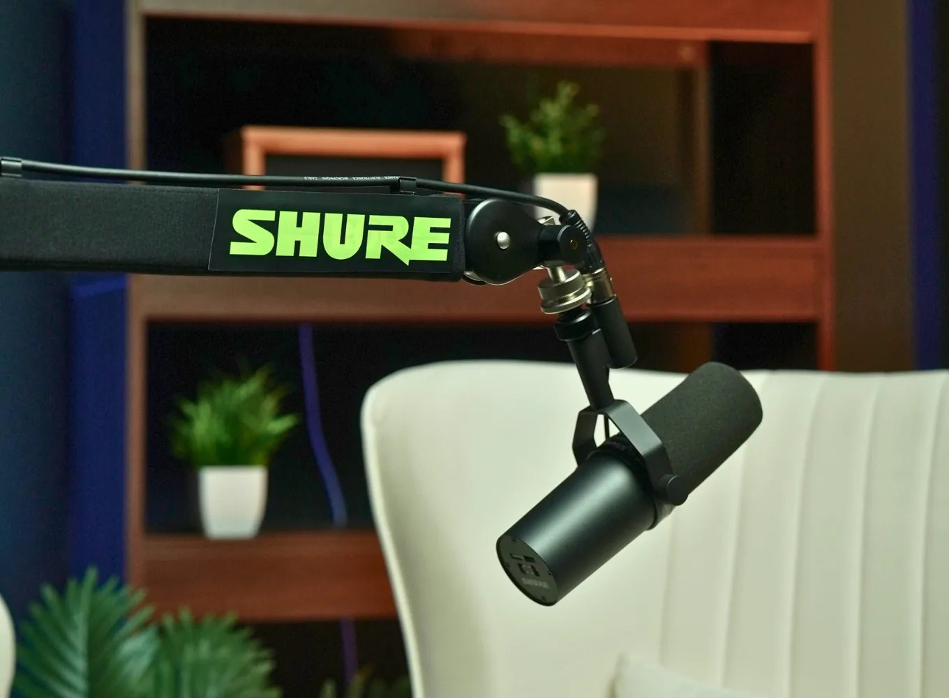 A sleek podcast studio, showcasing the SM7B mic, perfect for creating high-quality audio content.