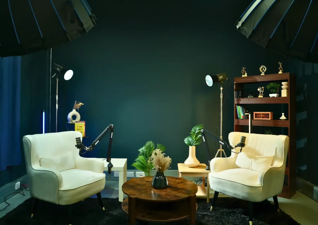 A clean, modern view of our guest recording area available for podcast studio hire in London.